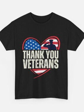 Thank You Veterans T-shirt - Patriotic US Flag Heart & Soldier Silhouette